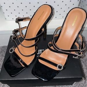 PLT Black Diamanté Buckle High Pin Heel Mules